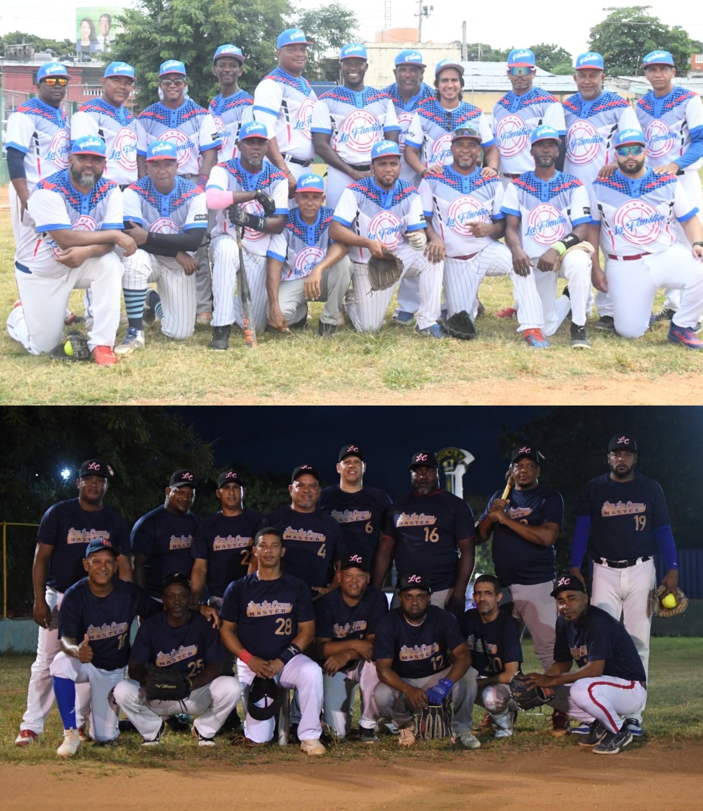 Los equipos, la Familia (arriba) y los Cerros, que se citaron para la final del torneo máster de softbol, organizado por Asoprosado en su versión 2024.